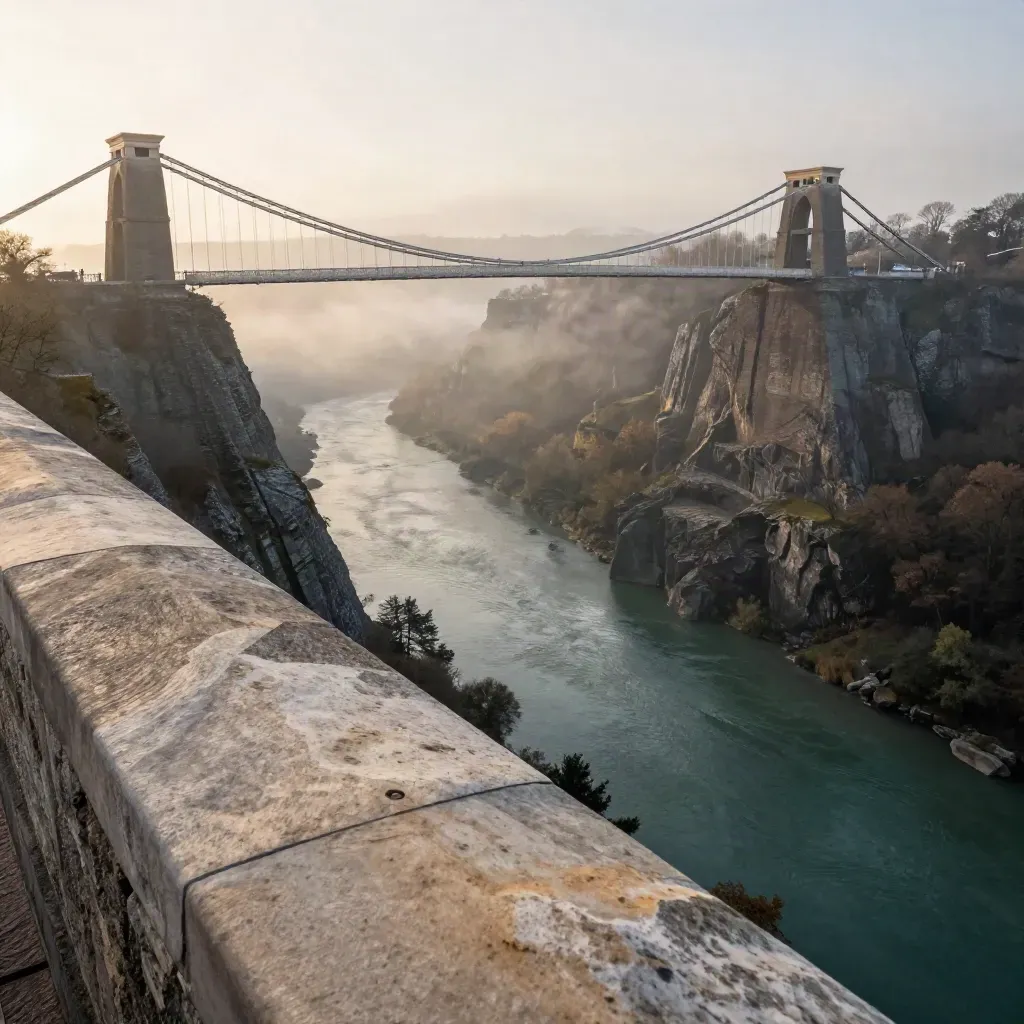 Clifton Suspension Bridge small above hazy Avon Gorge, calm river and stone cliffs below
