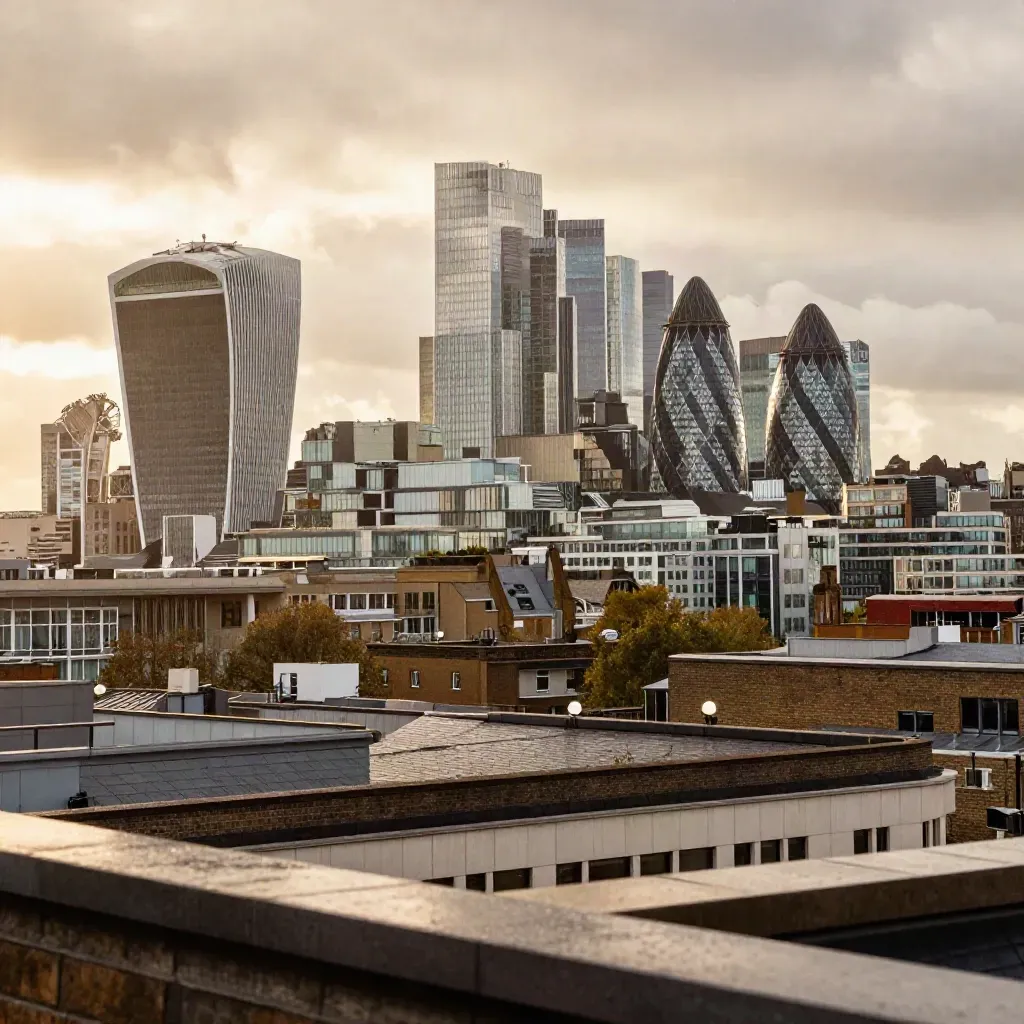 Rain-washed London skyline with Canary Wharf above soft haze and rooftops at sunset