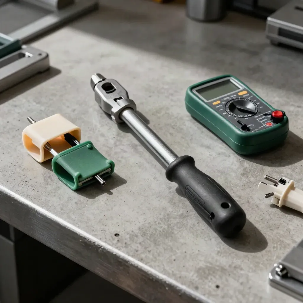 Torque driver, crimp sleeves, test plug and multimeter on a concrete workbench