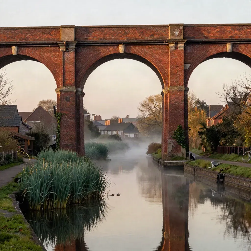 Amber-lit Midlands viaduct above a misty canal corridor with calm water for overlaid copy.