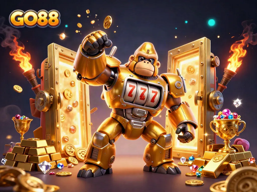 Experience winning moments with GO88's golden mech surrounded by treasure and vibrant casino elements.
