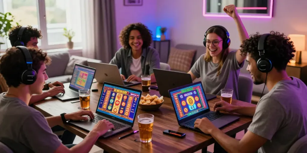 Gamers enjoying non gamstop casinos experience in a lively home setting.