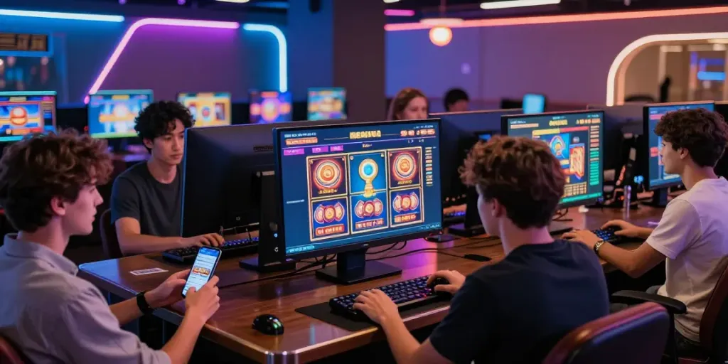 Players enjoying DA88's online gaming experience with slot games in a modern setting.