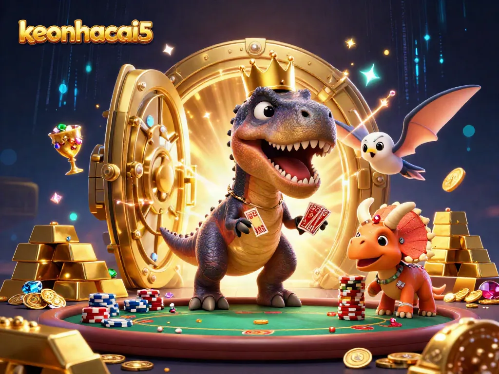 Engage with keonhacai5 in a vibrant 3D casino scene featuring a T-Rex and friends.