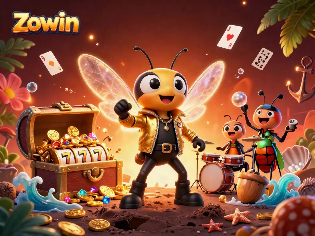 Zowin's thrilling gameplay illustrated with vibrant characters, golden coins, and energetic casino action.