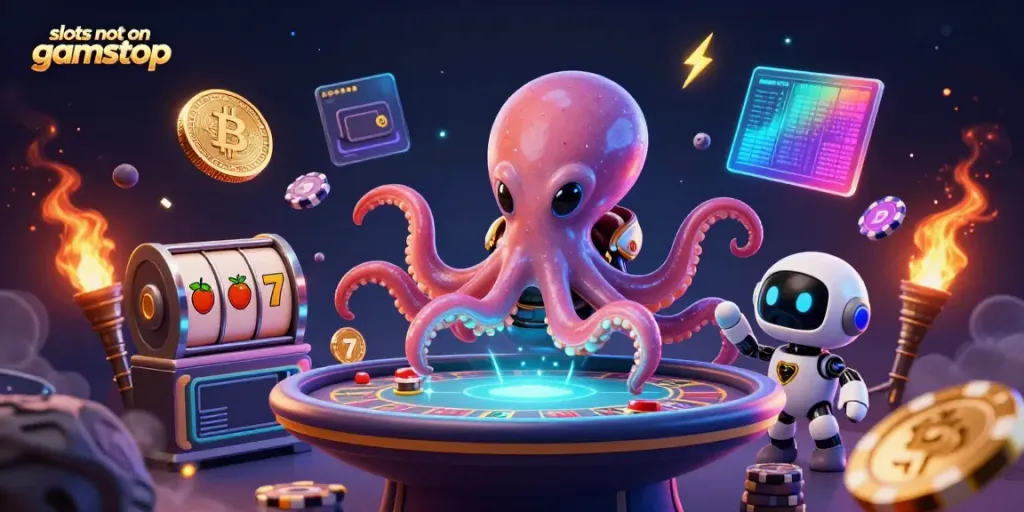 Experience thrilling slots not on gamstop with an alien octopus at a poker table in a vibrant 3D illustration.