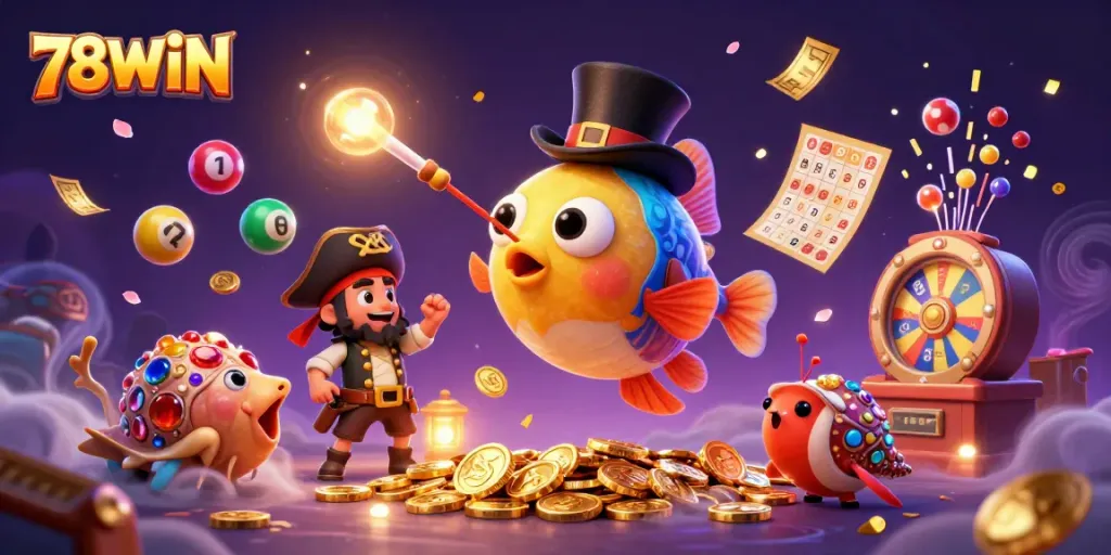 Experience excitement with 78WIN as the anglerfish lures golden coins amid a vibrant sea of gaming elements.