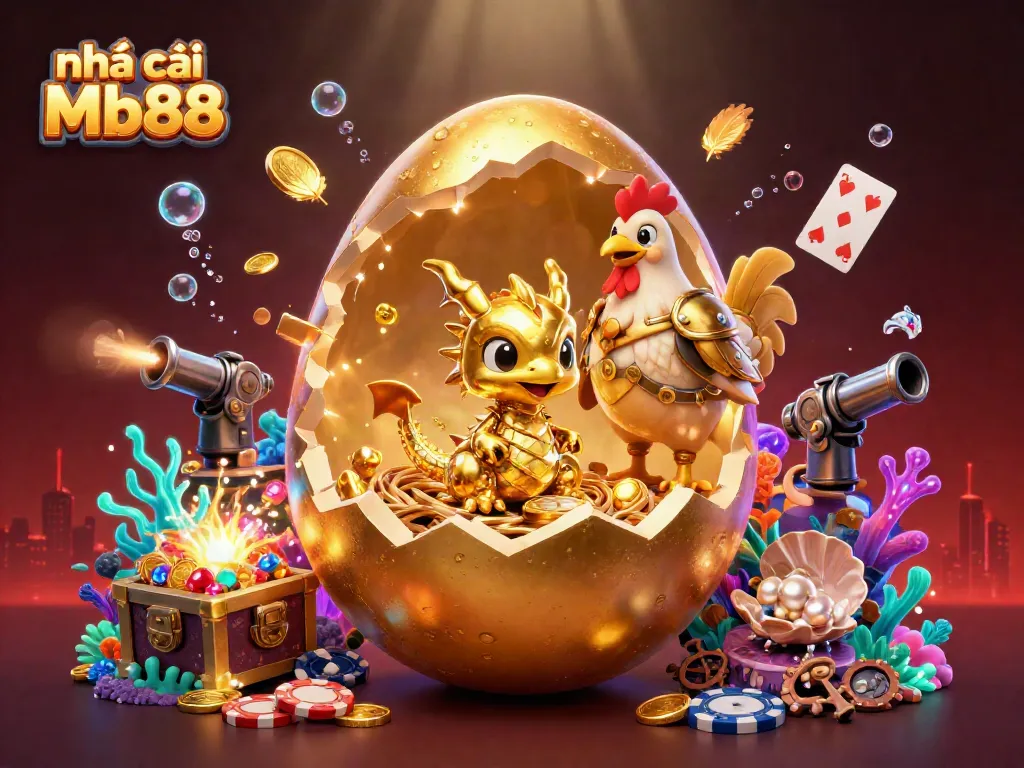 Experience the excitement of nhà cái Mb88 with a golden dragon and poker chips in an enchanting casino scene.