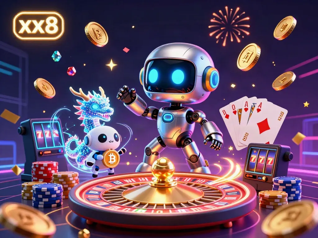 Engage with the dynamic world of xx8 in this vibrant casino scene filled with futuristic characters and gambling elements.