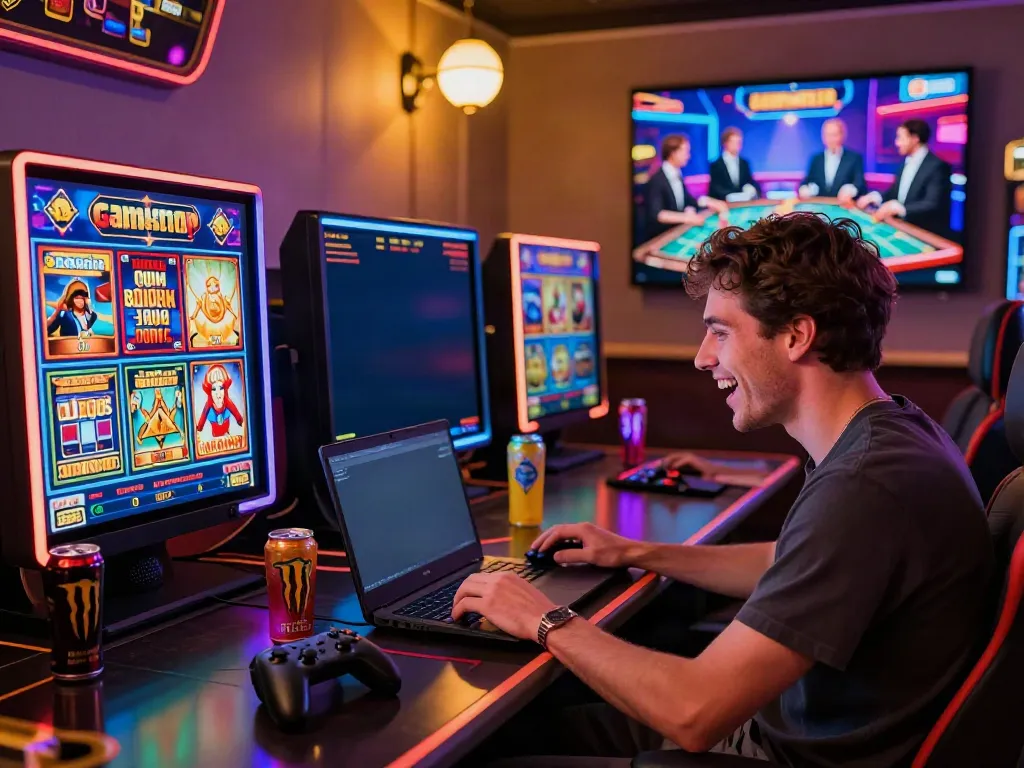 Player enjoying slots not on gamstop in a vibrant gaming nook with neon lights.
