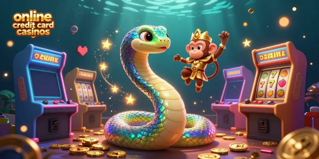 Experience thrilling gameplay at online credit card casinos with vibrant characters and dazzling casino elements.
