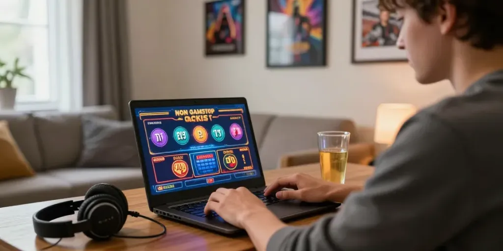 Engaging player at home enjoying non gamstop casinos online with colorful graphics and gaming accessories.