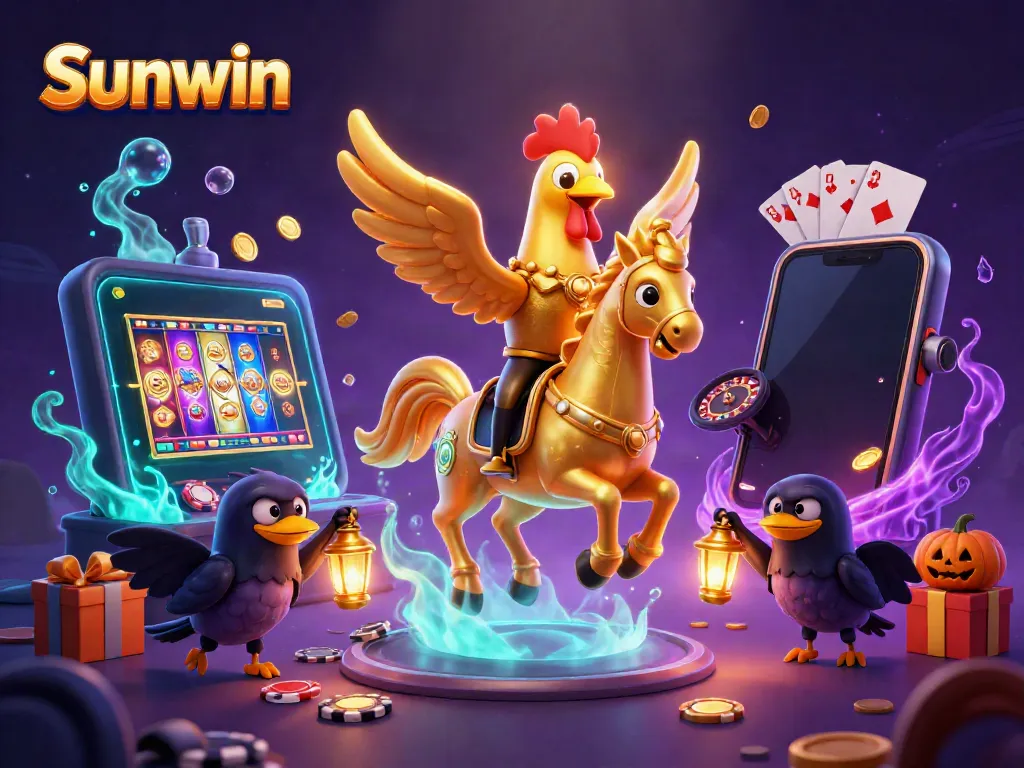 Sunwin presents a thrilling casino scene with a golden rooster and spectral horse amidst vibrant slot games.