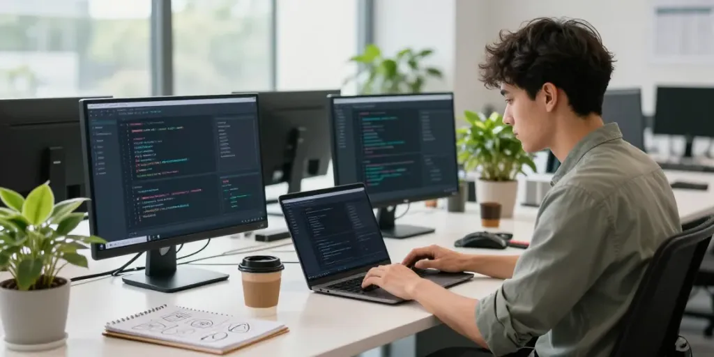 Developer engaged in instant indexing coding at a modern tech workspace.