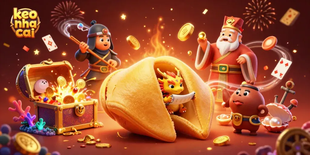 Engage with keo nha cai in a vibrant 3D casino scene featuring fortune characters and dynamic elements.