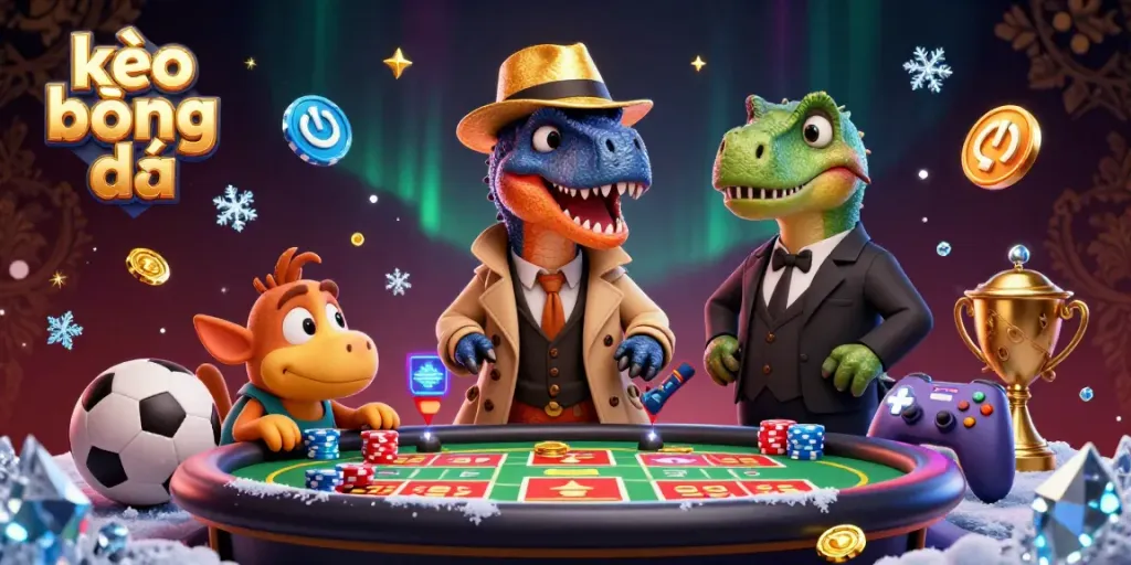Experience the thrill of kèo bóng đá with vibrant sports betting elements surrounding cartoon characters in a lively casino setting.