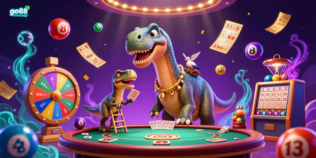 Engage in gaming excitement with go88 whatsapp showcasing a towering brontosaurus amidst dynamic casino elements.