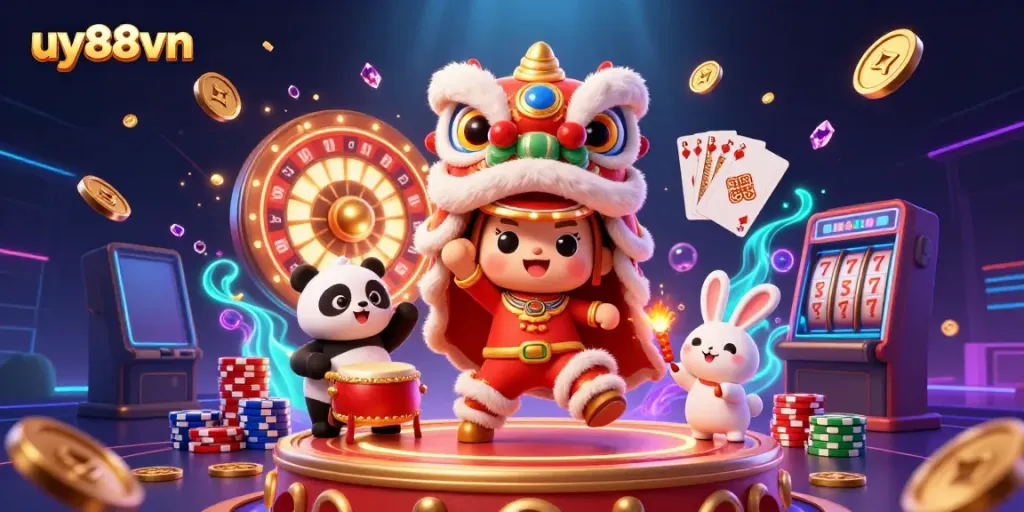 Engage with uy88vn's lively casino scene featuring a lion dance and sparkling games.