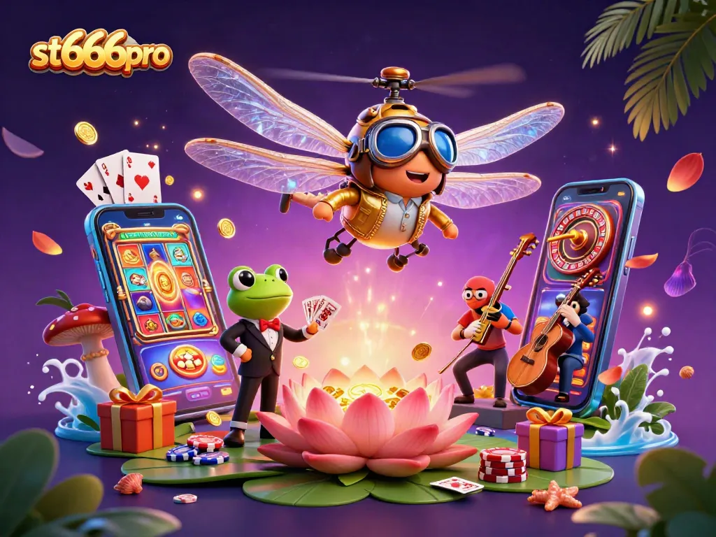 Engage with st666pro's vibrant casino world featuring a dragonfly pilot and frog dealer!