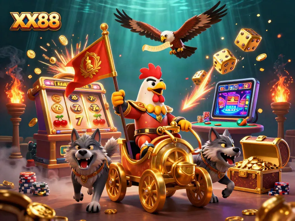 Experience thrilling gameplay with XX88's dynamic 3D scene showcasing vibrant casino elements and excitement.
