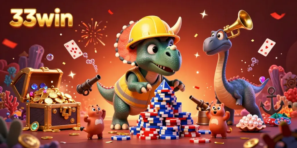 Experience the vibrant, interactive scene from 33win with animated characters celebrating while playing and winning.