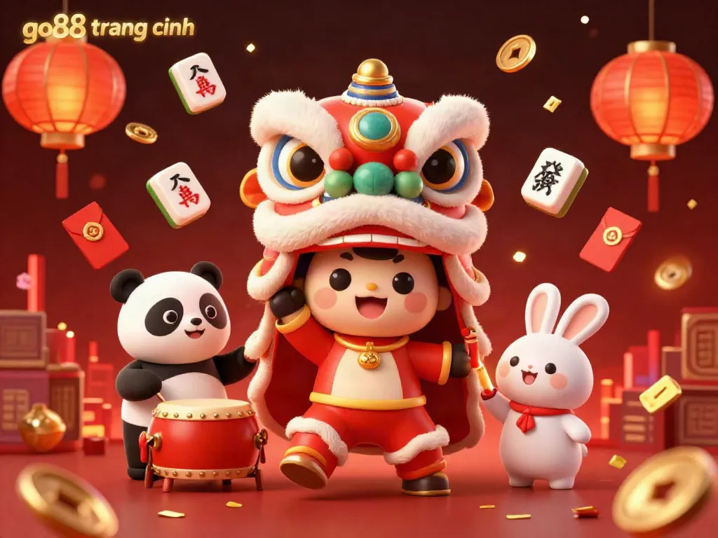 Experience the vibrant energy of go88 trang chính with adorable characters, rich decorations, and gambling icons in a festive scene.