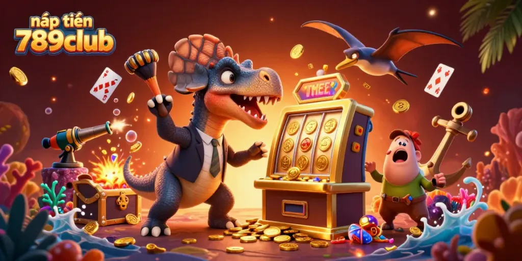 Experience the excitement of nạp tiền 789club as a dinosaur wins coins from a golden slot machine!