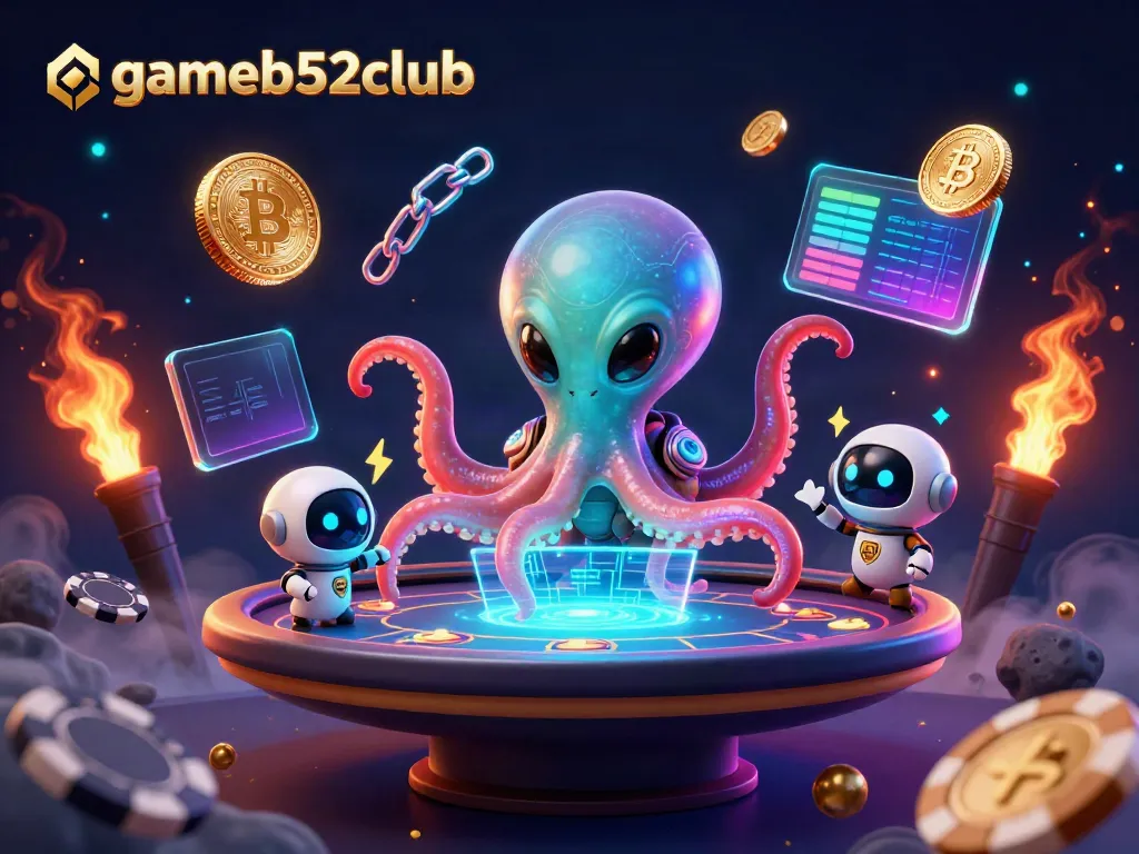 Engage in thrilling gaming action with gameb52club, featuring an alien octopus managing a holographic poker table.