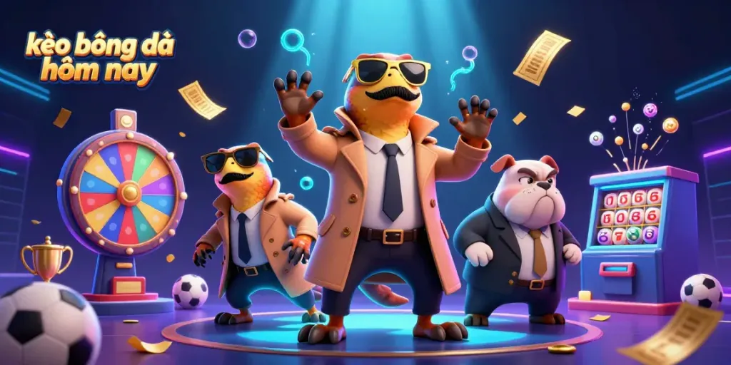 Kèo bóng đá hôm nay illustration featuring raptors in a trench coat entering a sports betting lounge surrounded by dynamic betting elements.