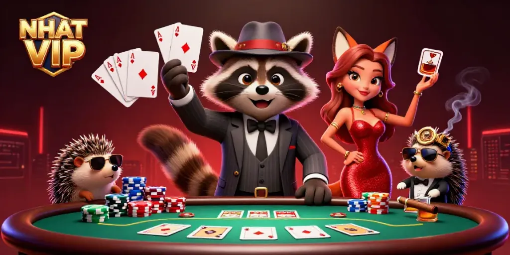 Engaging NHAT VIP scene featuring a suave raccoon, a charming fox, and a hedgehog at a poker table.