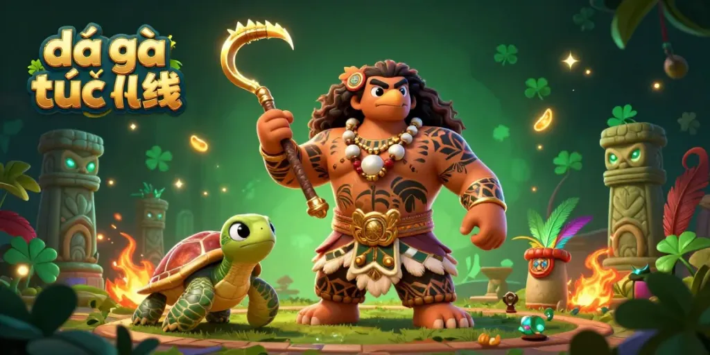 Experience the excitement of đá gà trực tuyến with a vibrant illustration featuring a hawk warrior and a turtle in a dynamic arena setting.