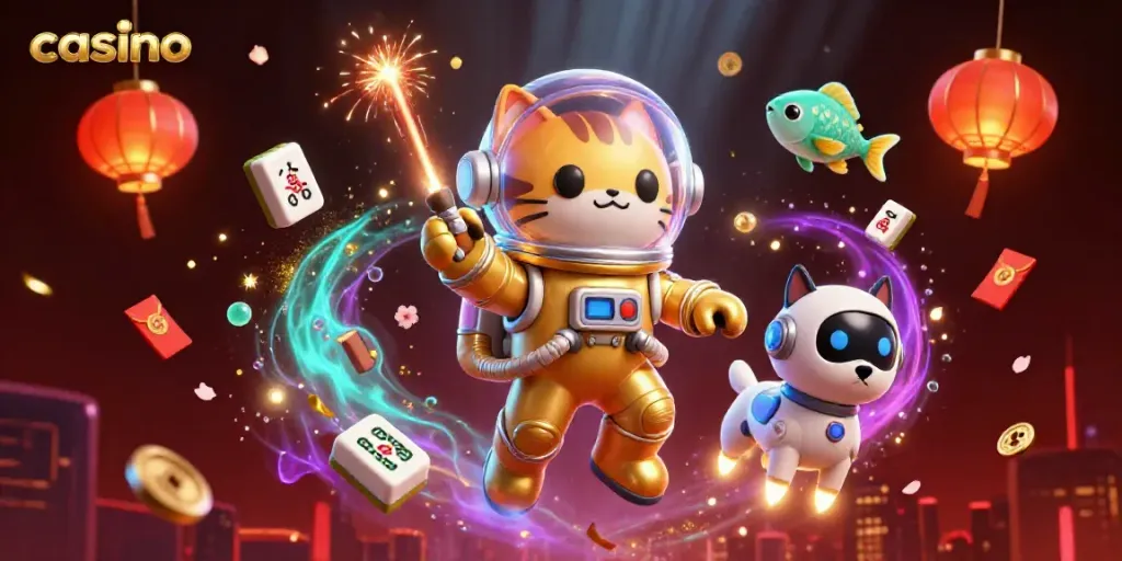 Explore a vibrant casino world with a space cat, robot dog, and floating game elements.