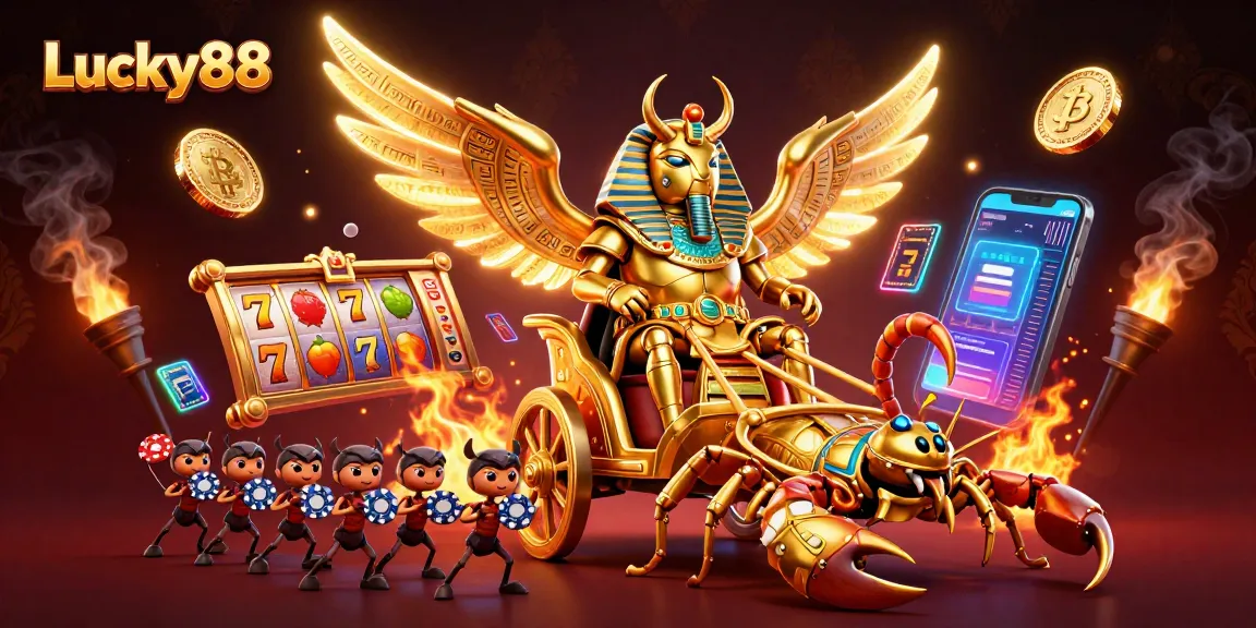 Engage with Lucky88, a vibrant 3D scene featuring golden beetles, sparkling coins, and slot reels.