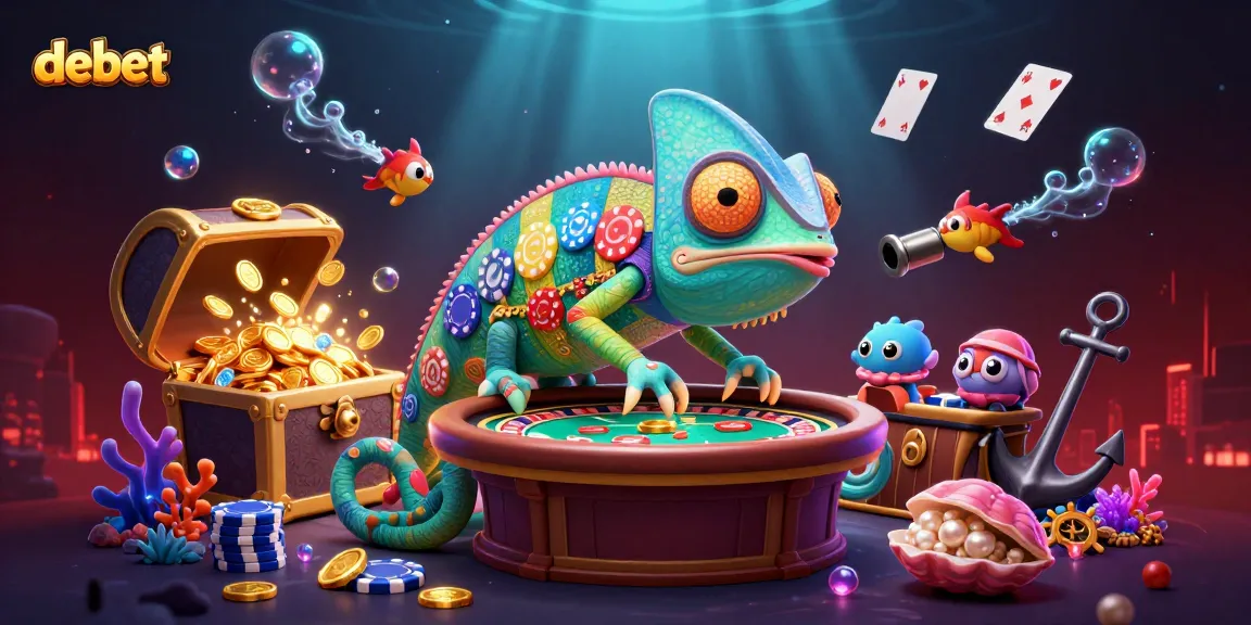Experience debet's thrilling atmosphere with a colorful chameleon casino owner capturing golden coins.