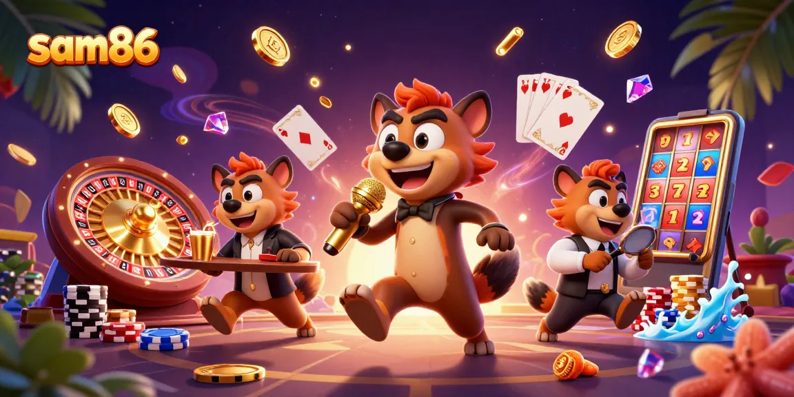 Experience the excitement of sam86 with dynamic hyenas in a vibrant 3D casino scene.