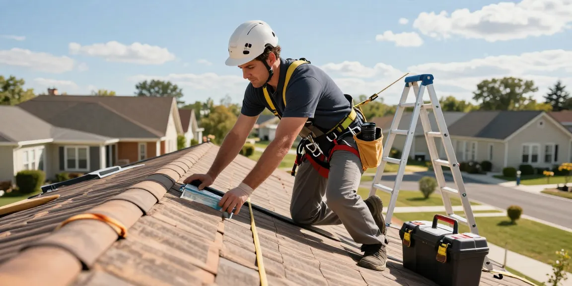 roof repair experts inspecting residential rooftop with tools and ladder in bright daylight