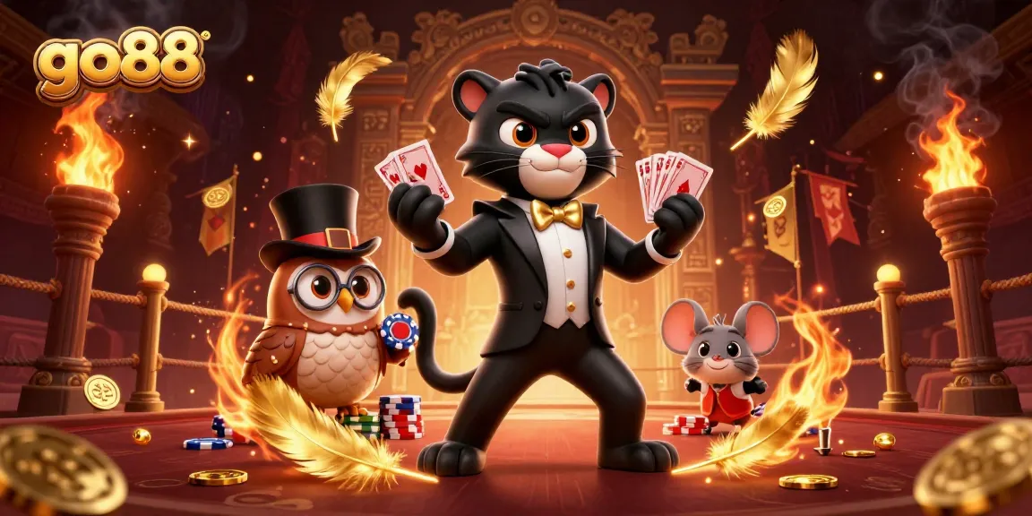 Experience go88 with a stylish black panther dealer and whimsical companions in a vibrant casino scene.