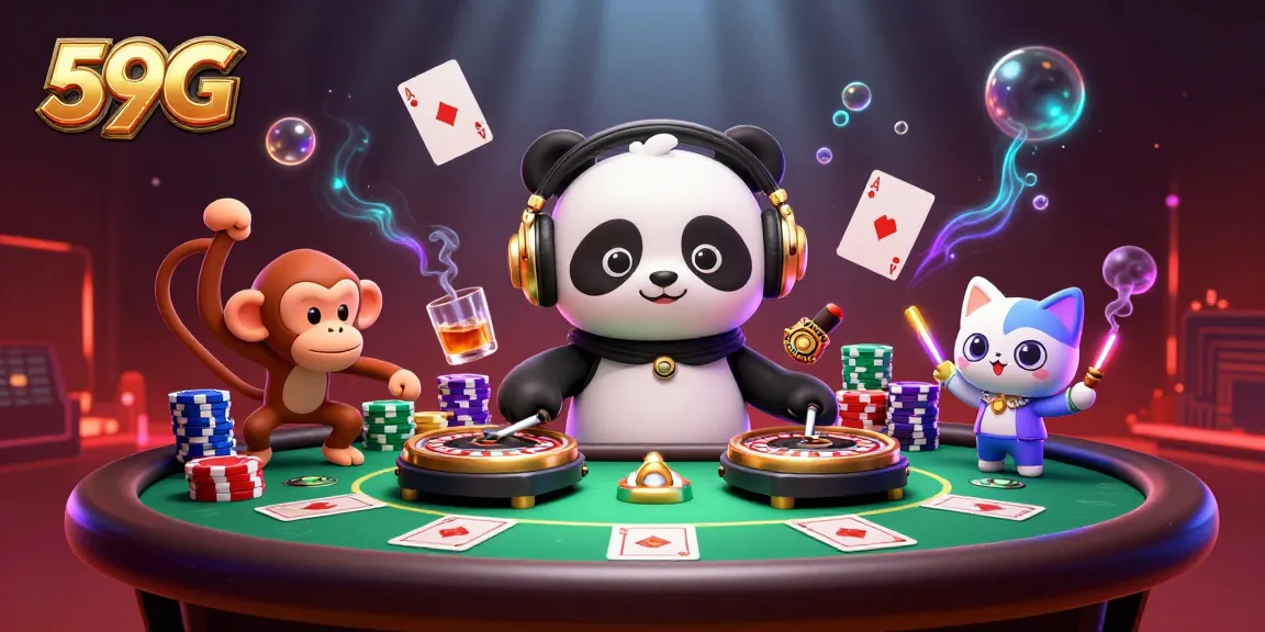 Experience the excitement of 59G with vibrant 3D casino scene featuring a DJ panda and animated characters.