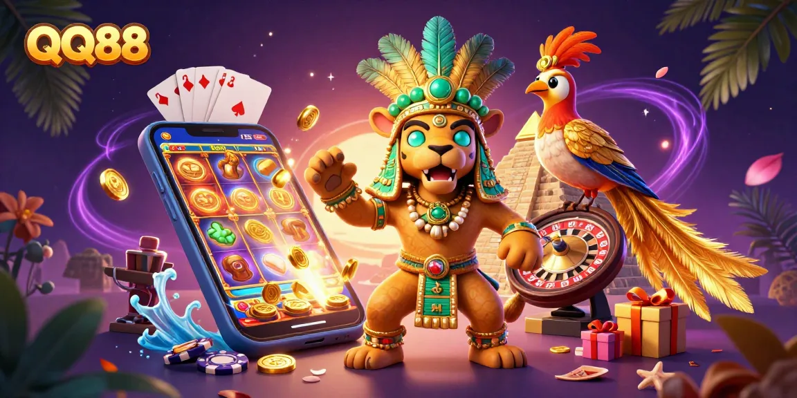 Engage in thrilling gaming at QQ88 with a vibrant casino scene featuring dynamic slot games and action.