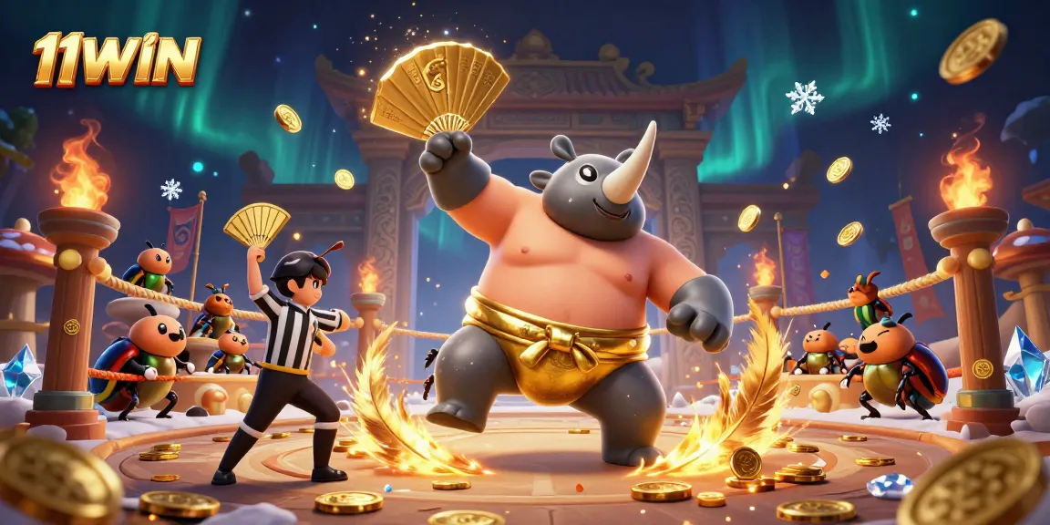 11WIN's exciting gaming atmosphere with the beetle champion amidst dynamic coins and vibrant elements.
