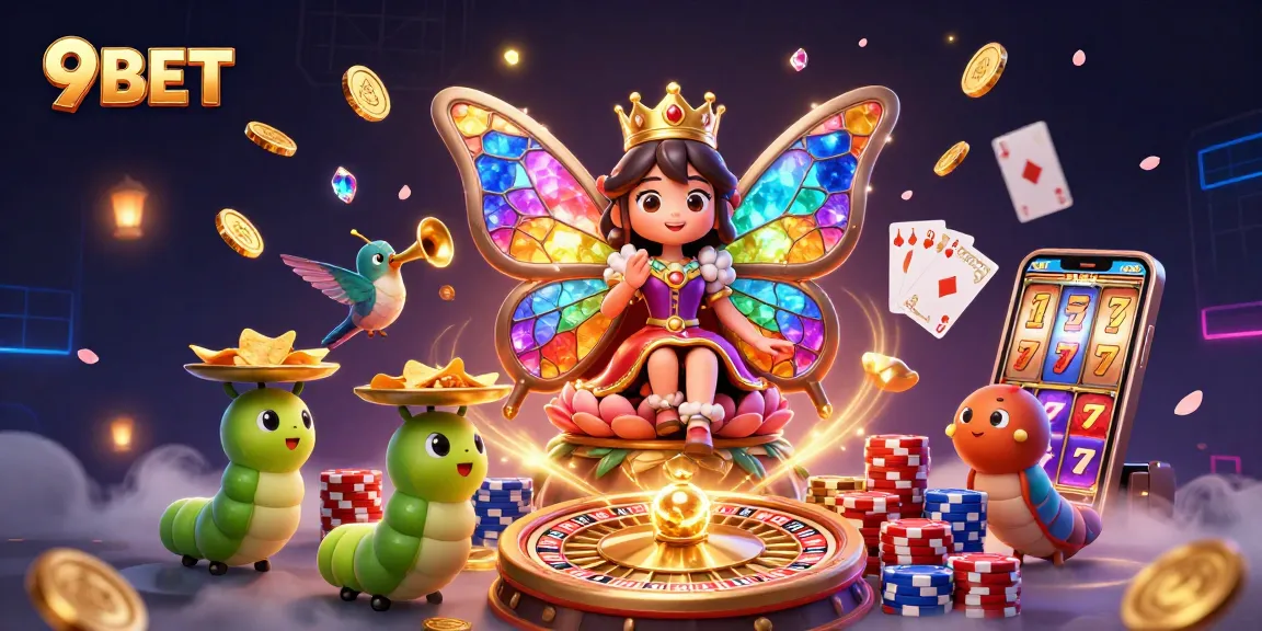 Engage in thrilling gameplay with 9BET’s colorful casino scene featuring animated elements and rich details.