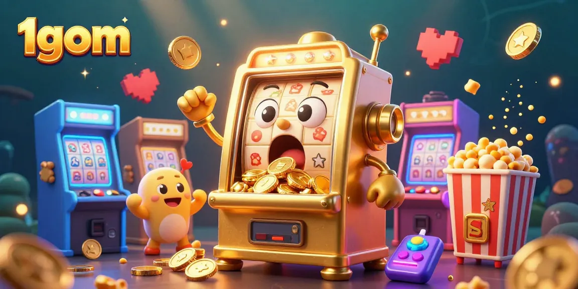 Experience the vibrant excitement of 1gom with a cartoon slot machine hitting a jackpot.