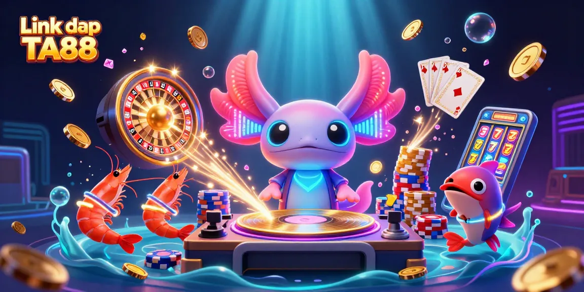 Engage in fun gaming with Link đăng nhập TA88 featuring a neon axolotl DJ and lively underwater casino scene.