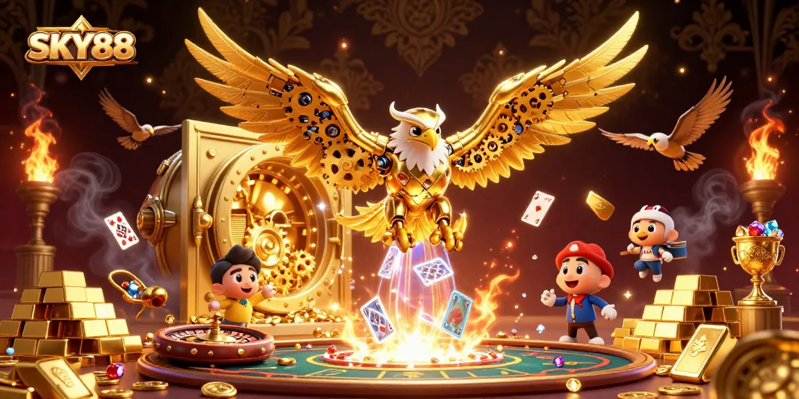 Engage in thrilling live casino action with SKY88's dynamic 3D illustration featuring a golden eagle and vibrant game elements.
