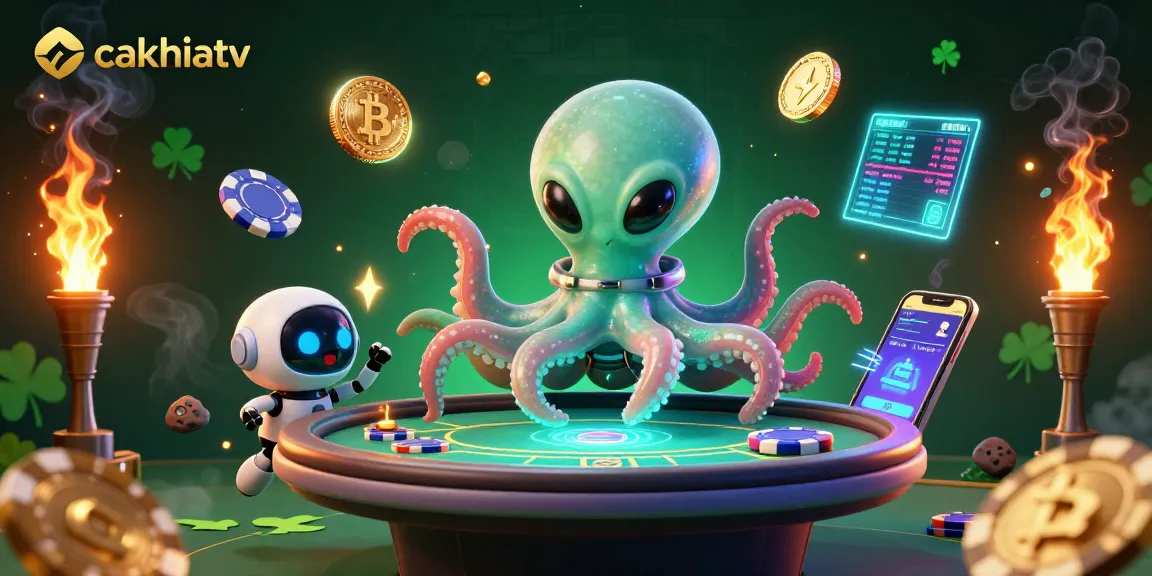 Experience the exciting world of gambling with cakhiatv's alien octopus in a vibrant poker scene.
