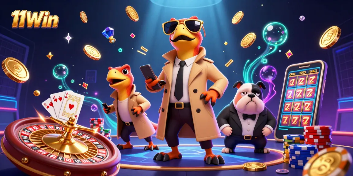 Experience thrilling gameplay at 11Win, featuring raptors in a VIP casino illustration.