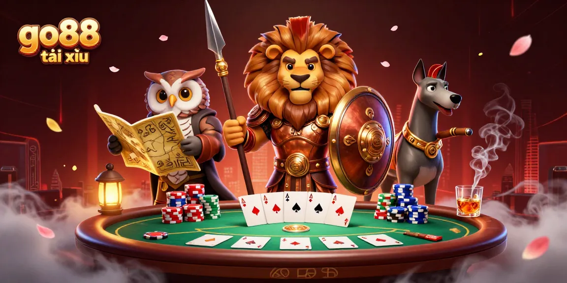 Experience go88 tài xỉu with vibrant casino action featuring a Spartan lion, tactical owl, and greyhound amidst poker excitement.