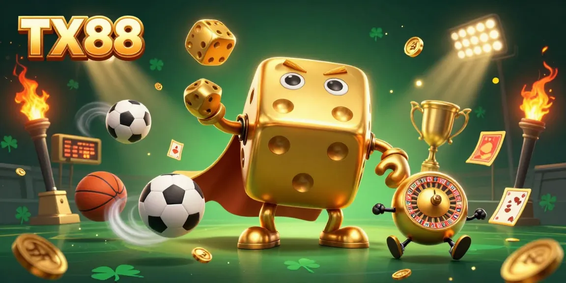 Experience the excitement of TX88 with a vibrant casino scene featuring a golden dice golem.