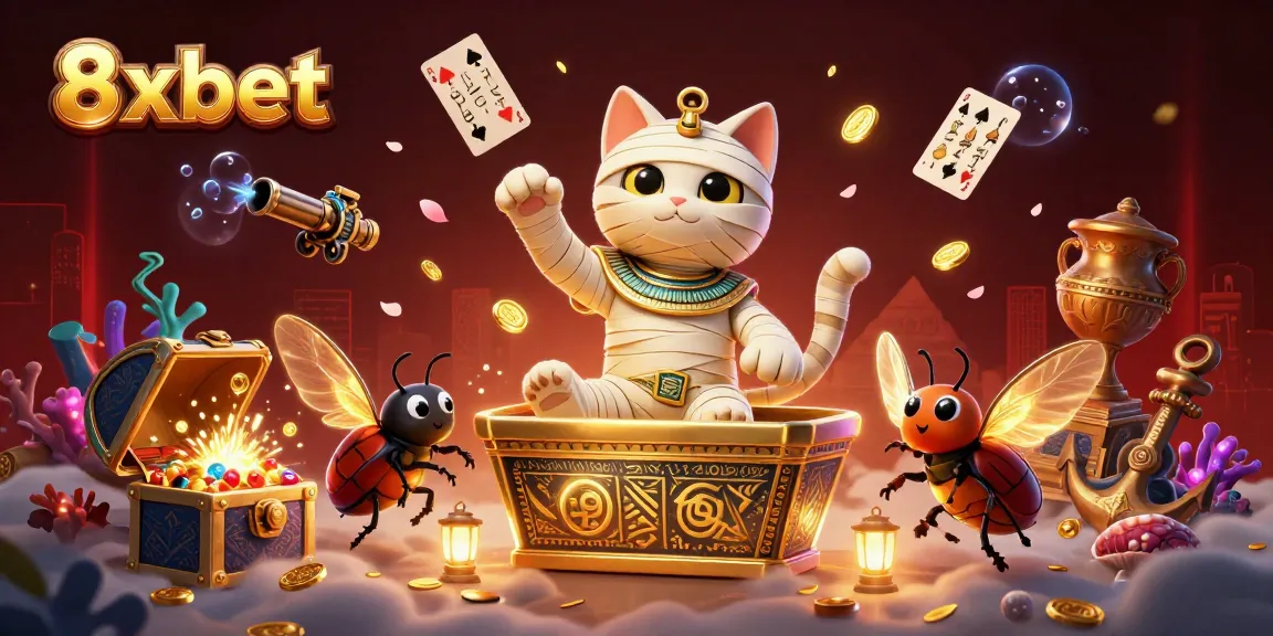 8xbet's Egyptian mummy cat and scarab beetle join the treasures of the casino environment, showcasing vibrant 3D animation.