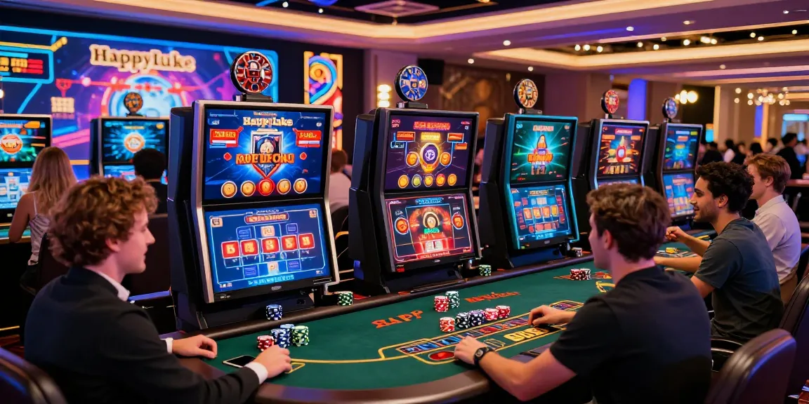 happyluke online casino scene with diverse players enjoying live gaming experiences and vibrant graphics